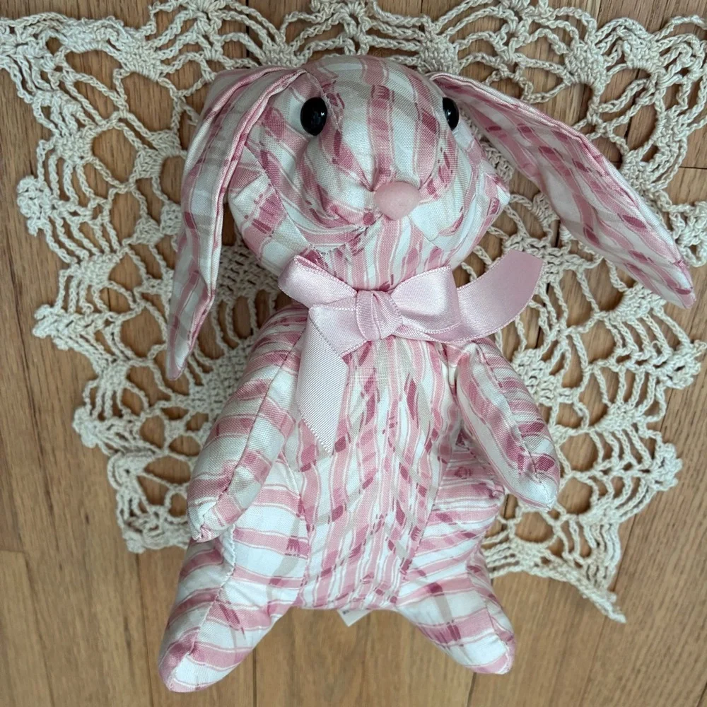NWOT Saks Fifth Avenue Vintage Pink/White w/lt tan Striped Bunny, stuffed muslin